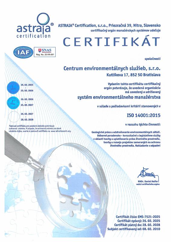 Preview of the Slovak certificate ISO 14001:2015