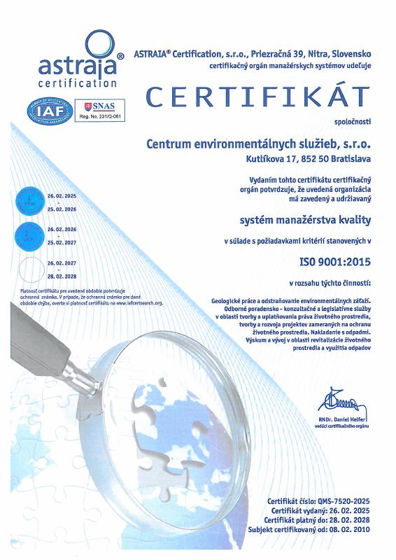 Preview of the Slovak certificate ISO 9001:2015